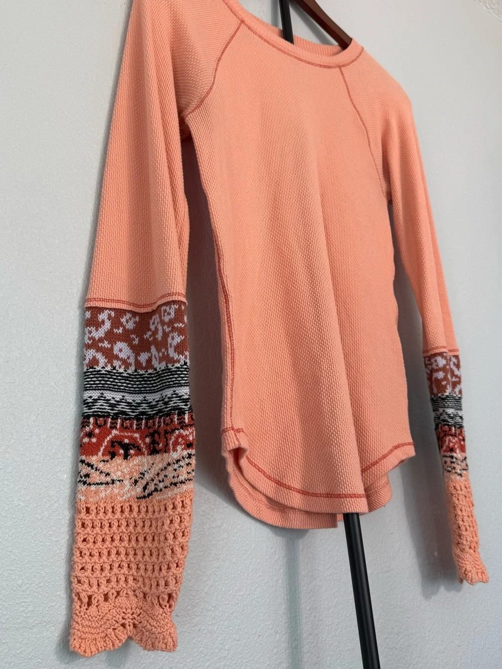 Free People In The Mix Cuff Thermal Top Desert Orange Combo Boho Women L